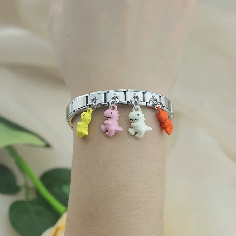 Hapiship Wholesale Italian Link Charm Bracelet Lovely Colors Dinosaur Stainless Steel Italian Charm Bracelet DJ838