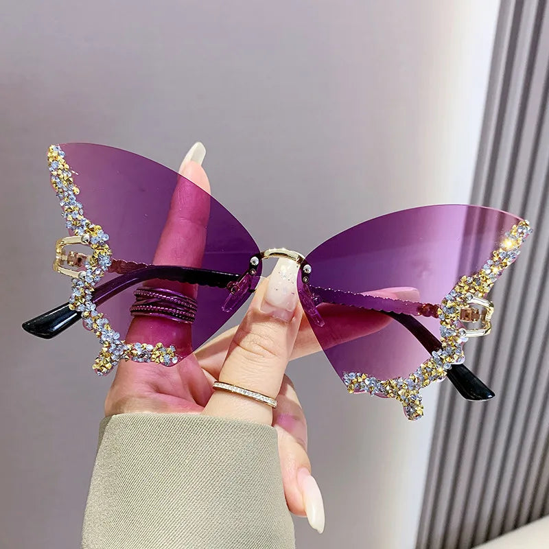 Rimless Rhinestone Butterfly Sun Glasses With Diamonds Metal Temples Women Rimless Uv400 Sunglasses for Women