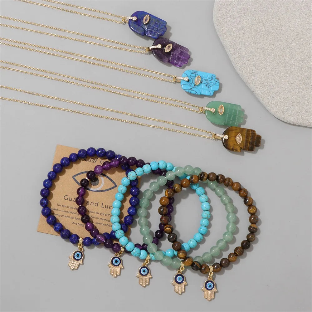 2025 Newest Fatima Hamsa Hand Devil Eye Pendant Necklace Rose Quartz Natural Stone Beads Bracelet Lucky Jewelry Set