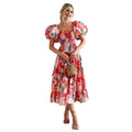 4662 Women Summer Eco-Friendly Natural off Shoulder Lantern Sleeves High Waist Square Collar Backless Floral Dresses