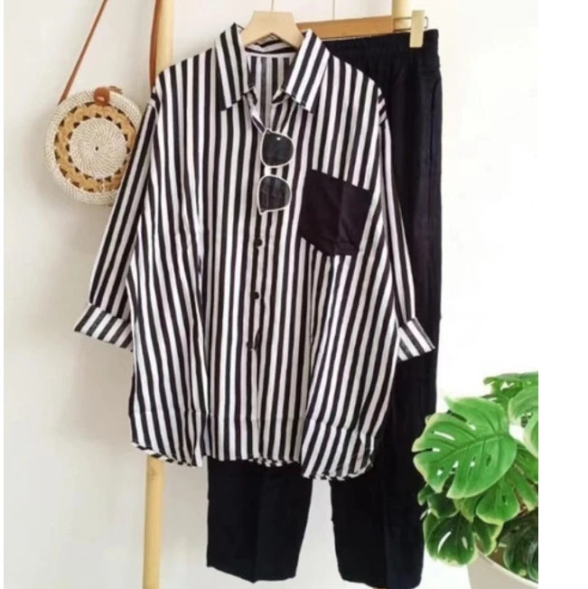 S-5XL Women's Summer New Stripe Set Casual Long Sleeve Pants Two Piece Set Wholesale Fashion Loose Striped Set for Women