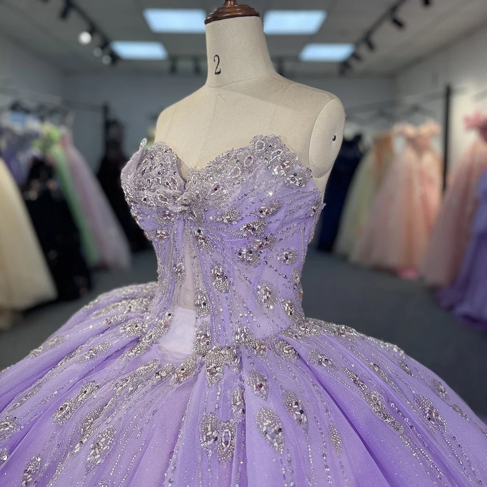 Crystal Purple Beading Evening Dresses Vestidos De 15 With Long Train Dy6816-1