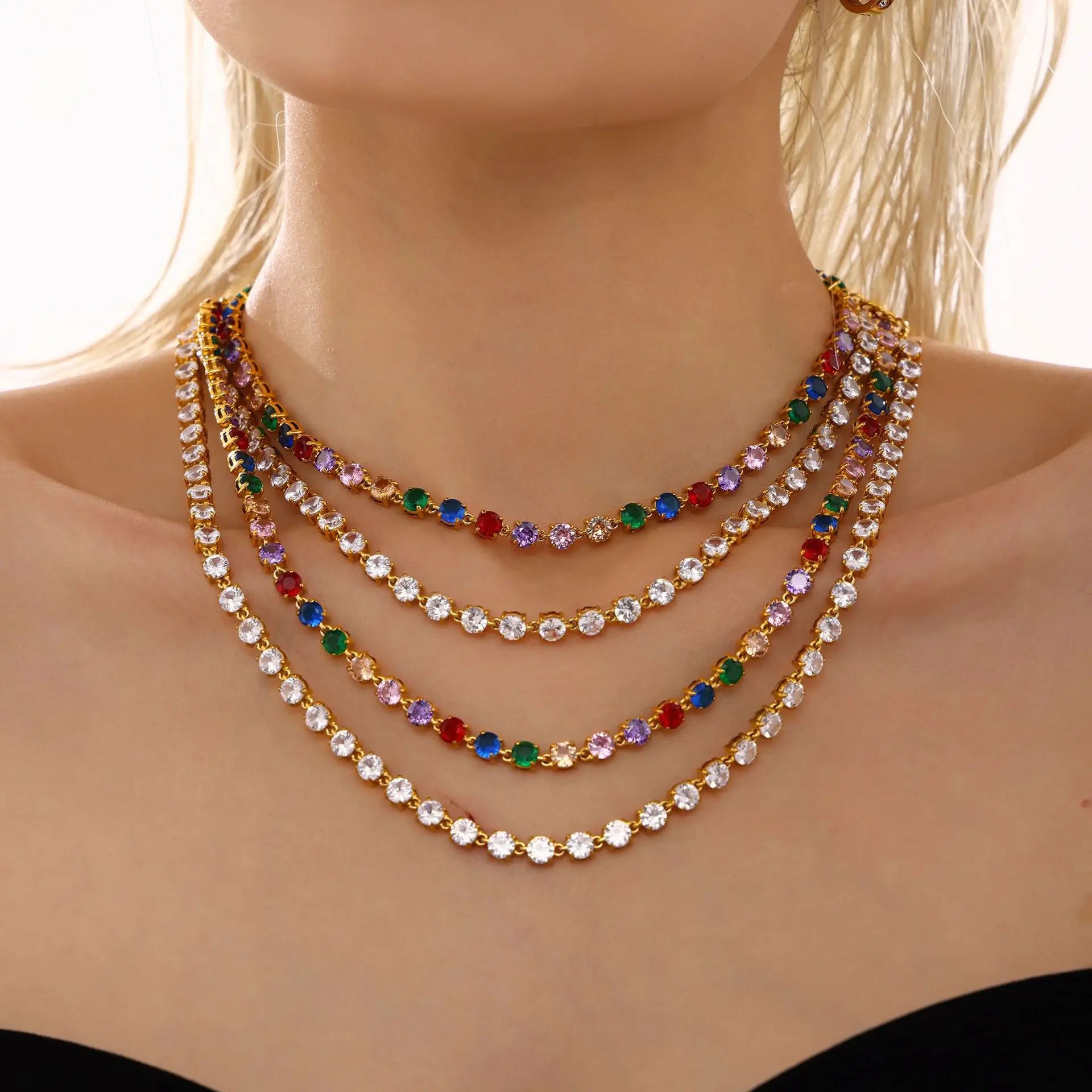Fashion Jewelry Set Stainless Steel PVD Plated 18K Gold Handmade Claw Set 5mm Colorful Zircon Super Flash Bracelet Necklace Set