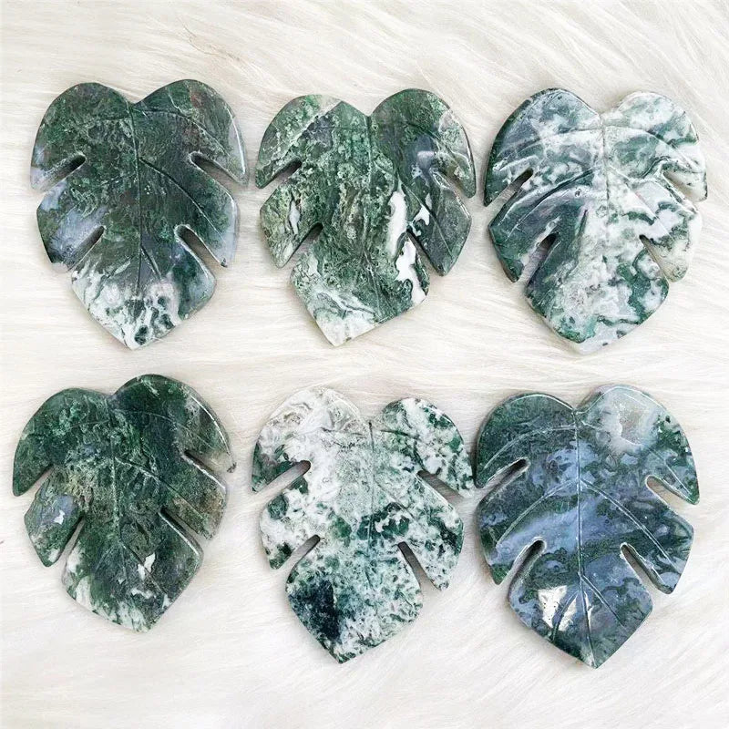 Leaf Shaped Moss Agate Crystals Natural Hand Carved Green Moss Agate Crystal Palm Leaf for Home Decoration