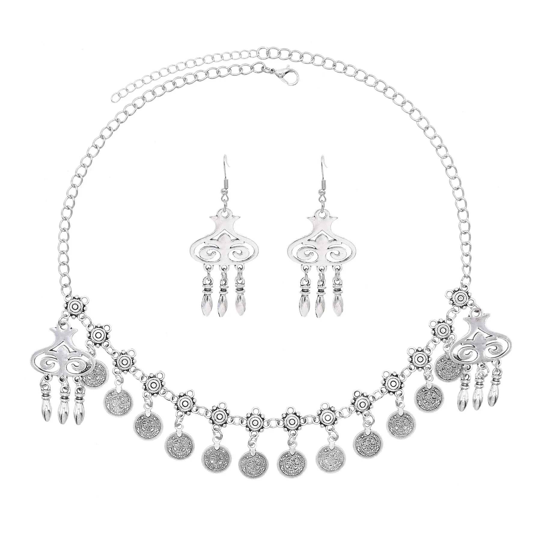 Maang Tikka Women Silver Coins Ball Tassel Belly Dance Head Chain Earrings Set Costume Gypsy Turkey Jewelry Set