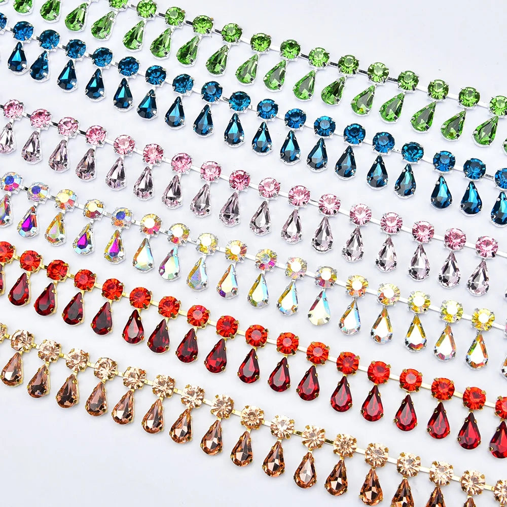 Handmade Crystal Chain 8mm Round and 8*13mm Teardrop Pendant Charms Rhinestone Tassel Trim for Clothing Decoration Accessories