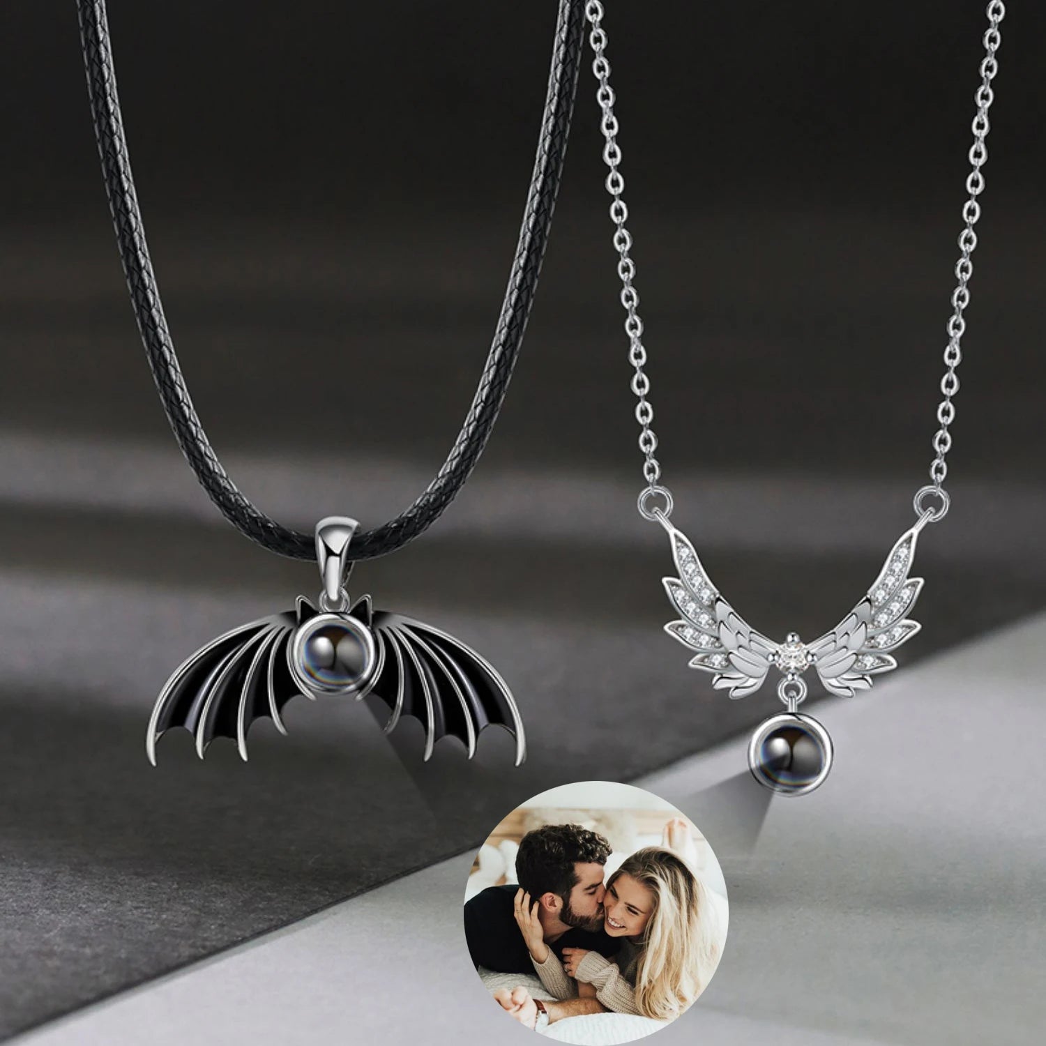 Wholesale Custom Couple Wing Shape 925 Sterling Silver Projection Photo Necklace Women Men Pendant Necklace