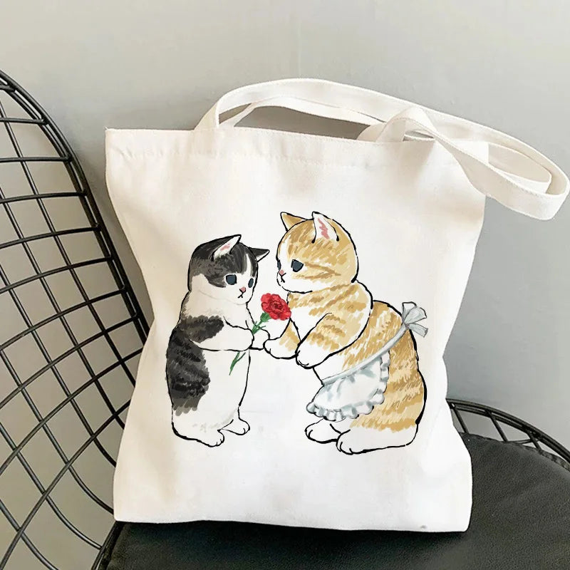 Cat Print Canvas Bag for Women Casual Portable Shopping Bag Customized Panda Canvas Bag