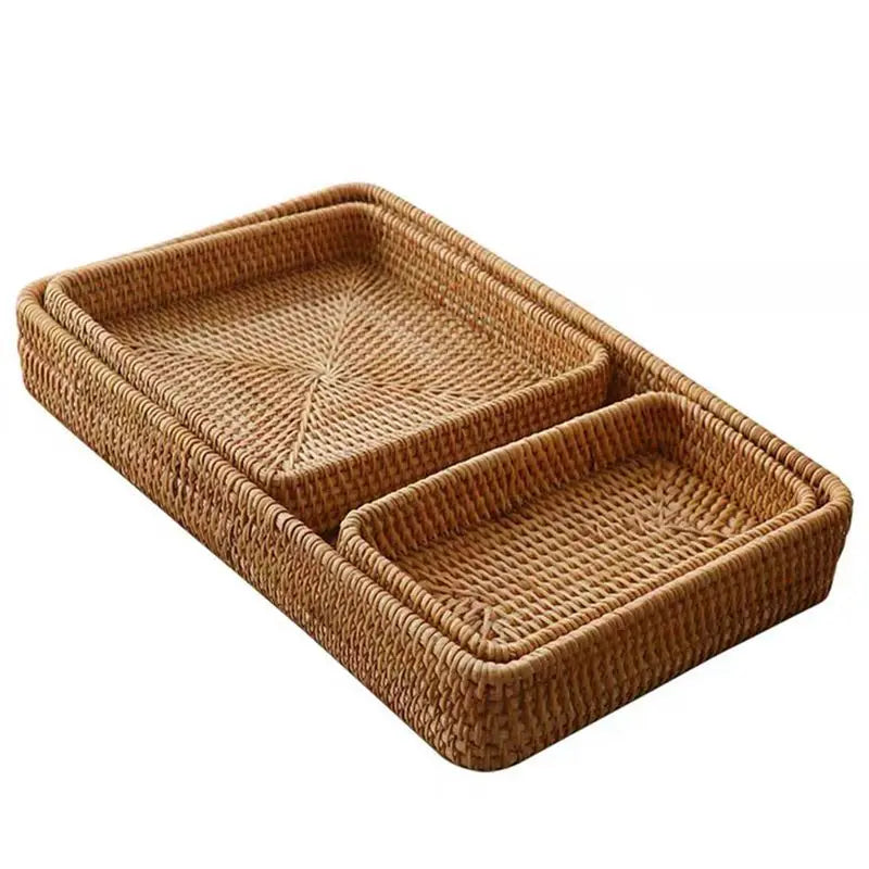 Hot Selling 2024 Handwoven Rattan Storage Basket Tray Wholesale Square Wicker Picnic Fruit Bread Straw Wicker Baskets Home Decor
