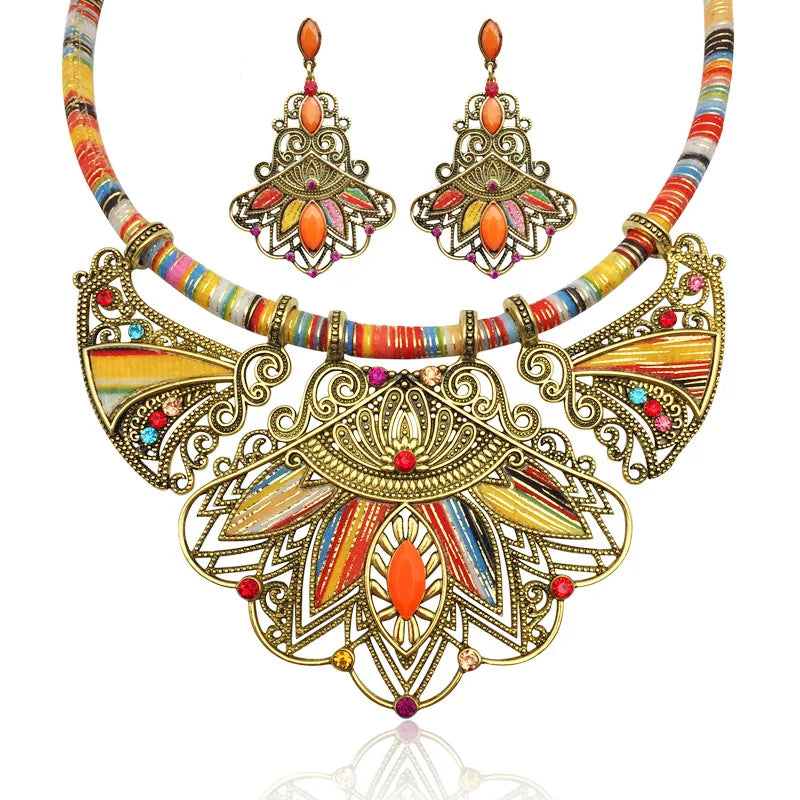 Vintage Retro Antique Silver Plated Jewelry Set Drop Oil Designer Earrings and Necklace Sets