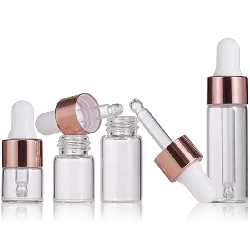 1ml 2ml 3ml 5ml Transparent Round Essential Oil Glass Bottle with Rose Gold Dropper Small Oil Cosmetic Vial for Tester