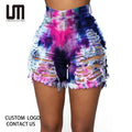 Liu Ming New Fashion Women Summer Ripped Casual Bottom Club Tie Dye Printed Short Jeans Denim Pants