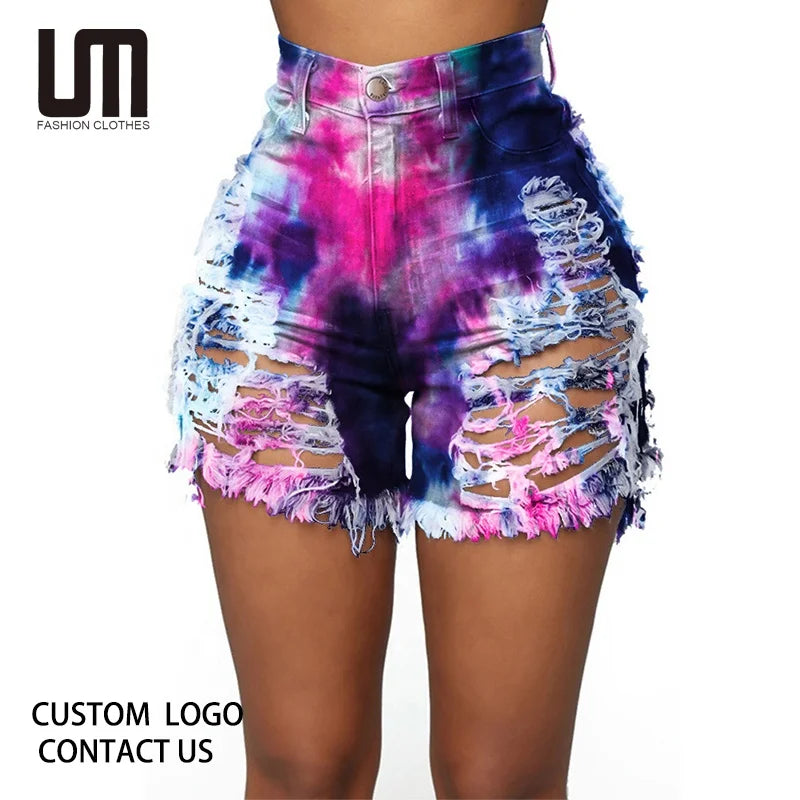 Liu Ming New Fashion Women Summer Ripped Casual Bottom Club Tie Dye Printed Short Jeans Denim Pants