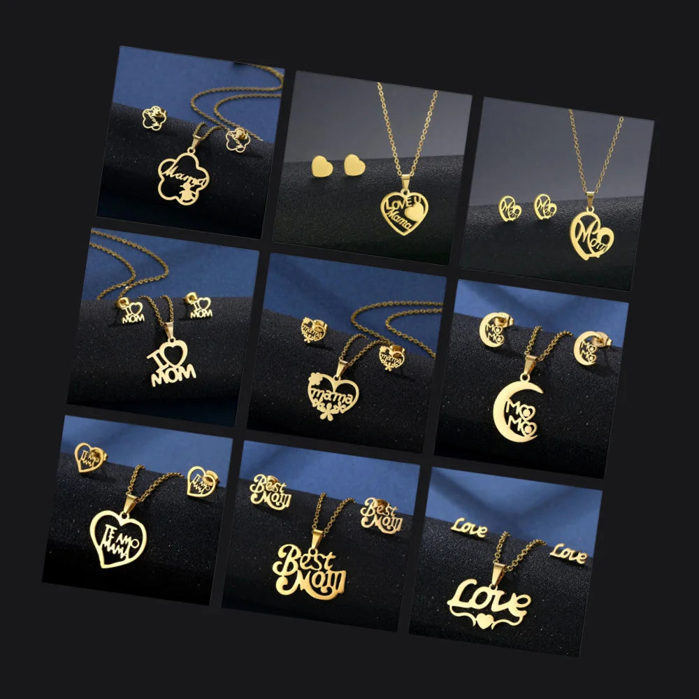 Fashionable Bijoux En Acier Inoxydable Personalized Stainless Steel MAMA Necklace Earring Jewelry Set for Mother's Day Gifts