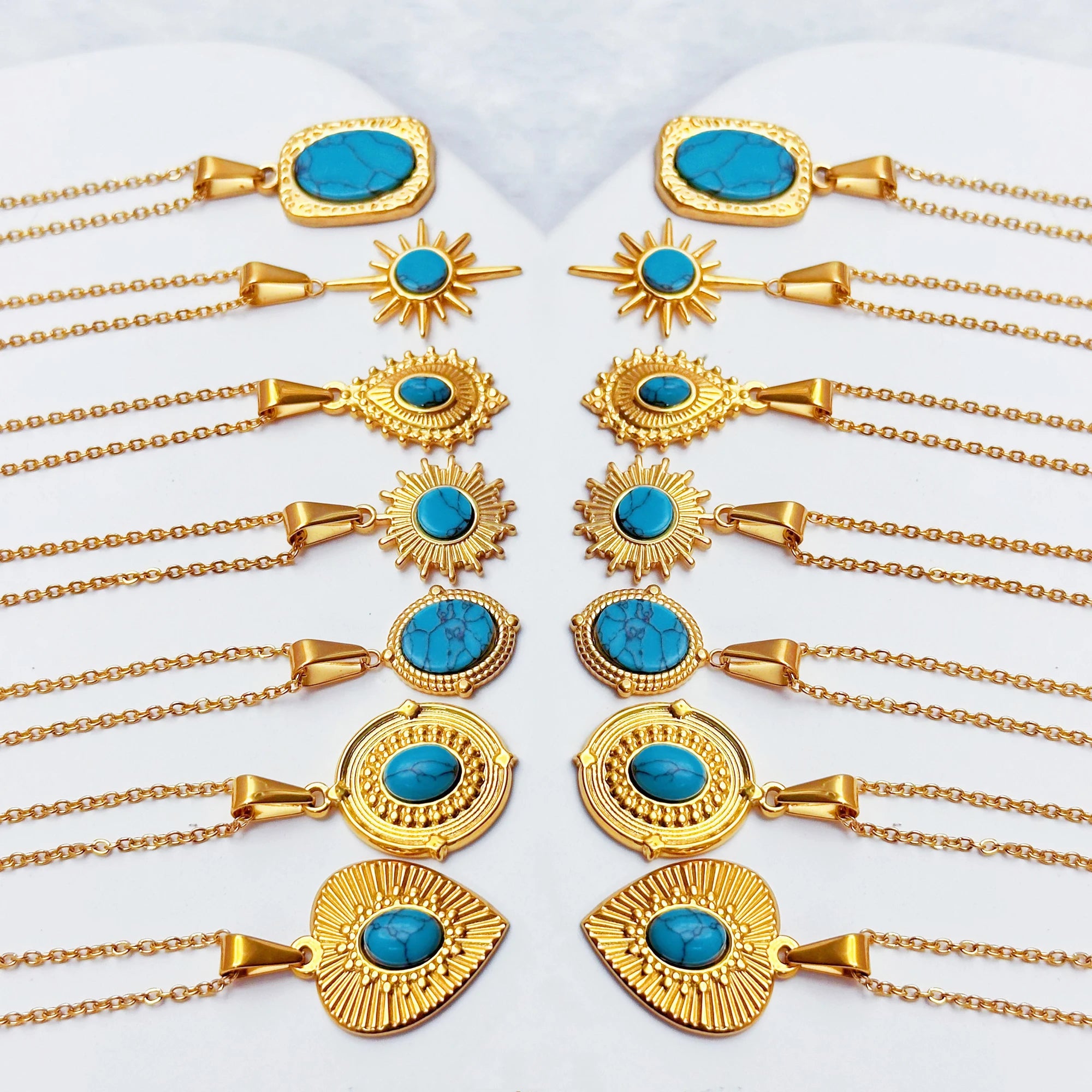 New Arrivals Men Women Blue Turquoise Necklace 18k Gold PVD Stainless Steel Lucky Love Heart Shape Gemstones Pendant Necklace