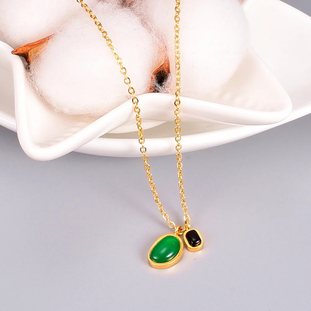 Green Agate Black Onyx Irregular Double Pendants Choker Necklace With Titanium 18 K Gold Plated Chain