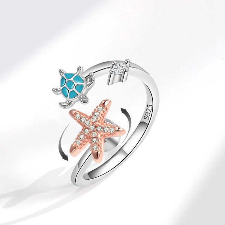 Daidan Starfish Rose Gold Anti Stress Fidget Spinner Rotating Gold Plated 925 Silver Turtle Ring in Silver