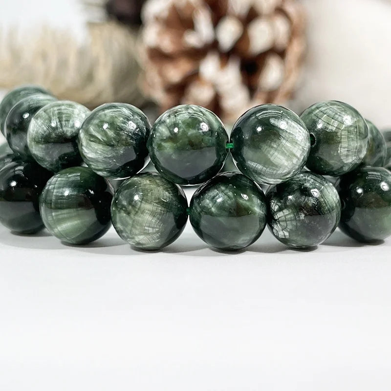 Wholesale 3A Natural Seraphinite Round Smooth Gemstone Beads Seraphinite Green Loose Stone Beads for Jewelry Making