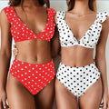 YSMARKET Hot Fashion Ruffle Deep V Hight Waist Polka Dot Bikini Set Two Piece Casual Beach Style Women Summer Swimsuit EQ886