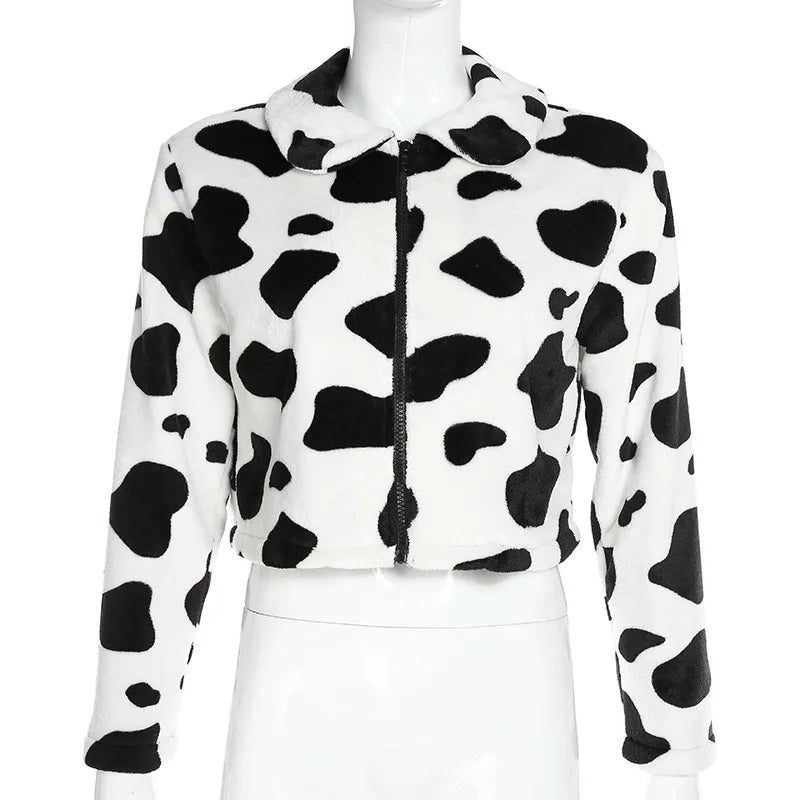 Guangzhou Auyan Ins Fashion Fluffy Loose Cow Print Causal Faux Fur Coat for Woman