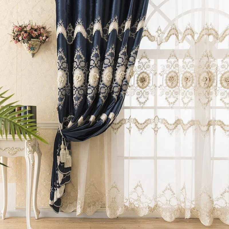 JX-1 Design Ready Made Flower Beaded Gold Rope Embroidery Window Luxury European Curtains for the Living Room