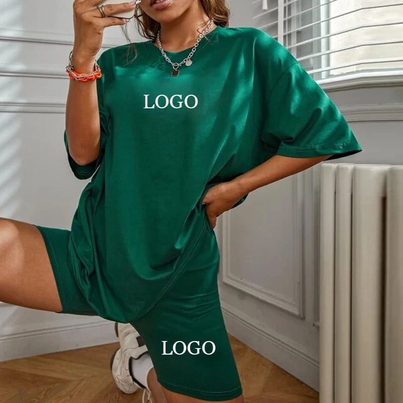 F230303 Custom Women Clothing Summer Two Piece Set Women Clothing Outfit T Shirt and Biker Shorts Casual Blank Sportswear Sets