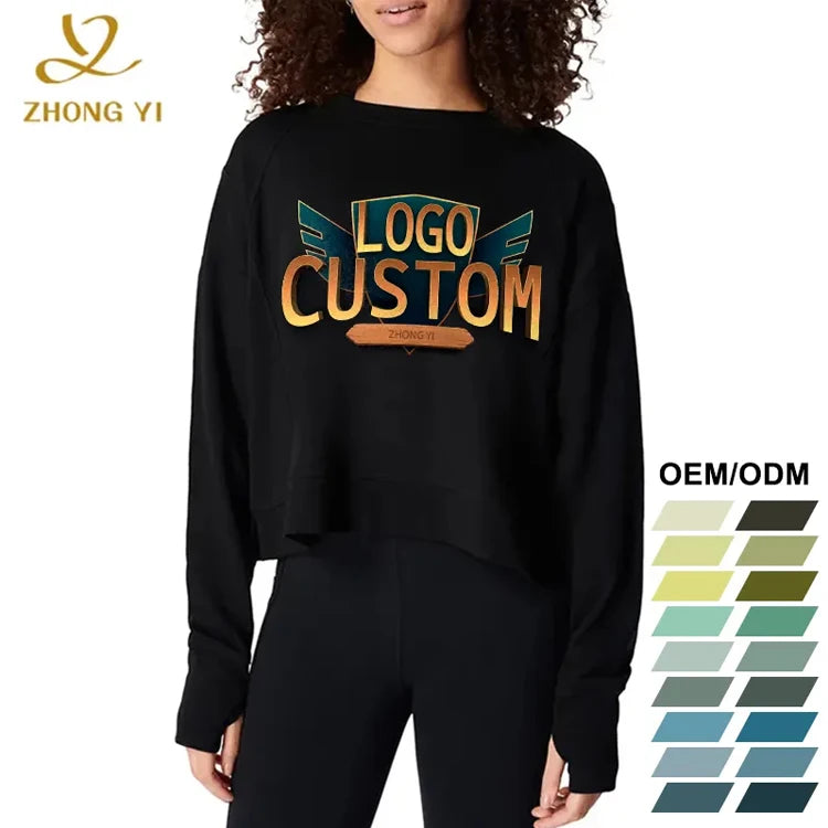 Clothing Manufacturers Custom Oem Autumn Winter Long Sleeves With Thumbhole Cuffs O Neck Slim Women Pullover Hoodies Sweatshirt