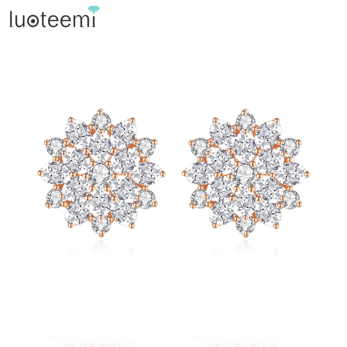 LUOTEEMI Rose Pink Gold Plated Luxury Excellent Cut Clear Cubic Zirconia Women Valentine's Day Gift Jewelry Flower Earrings