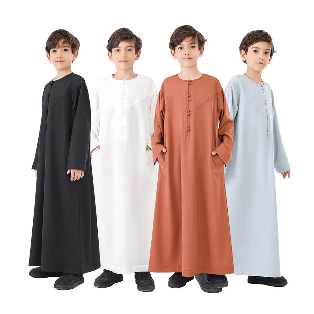 Middle East Muslim Arab Boy Thobe Thawb Caftan Crew Neck Solid Color Long Sleeve Handmade Button Boys Islamic Thobe