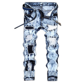 RNSHANGER New Men's Motorcycle Jeans Pleated Holes Decorative Denim Pants Trendy Men Blue Yellow Casual Denim Trousers