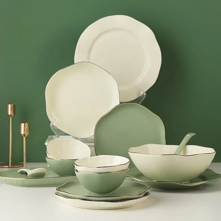 European Style Luxury Porcelain Gold Tableware Bowl Set Dish Plate Ceramic Dinnerware Set for Restaurant Hotel