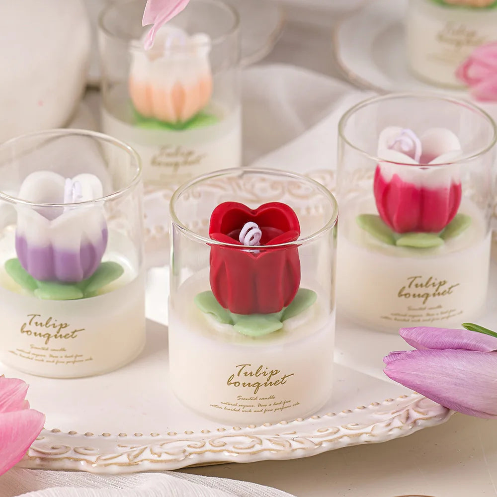 Romantic Elegant Aromatherapy Candle Tulip Glass Cup Birthday Home Gift Tulip Flower Scented Candle