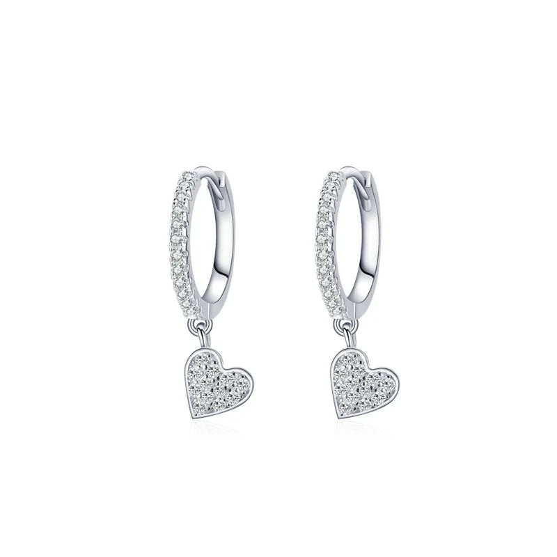 Wholesale Women  Ear Clip Earrings 925 Sterling Silver Rhodium Plated love Heart Pendant Hoop Earrings
