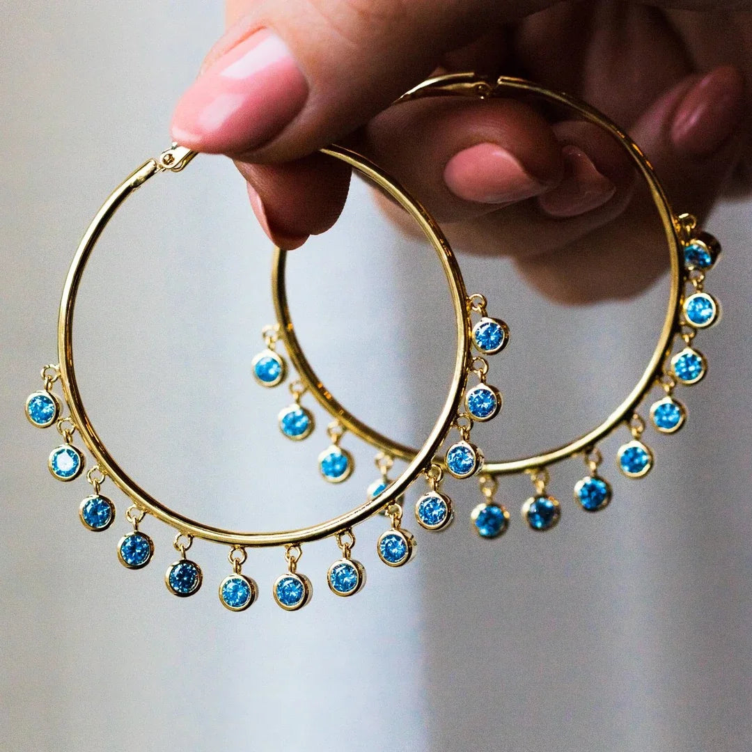 Huitan Big Hoop Earrings Romantic Blue Diamonds Full Around Fashion Gold Plated Ethnic Zircon Earrings Hoop Earrings Women