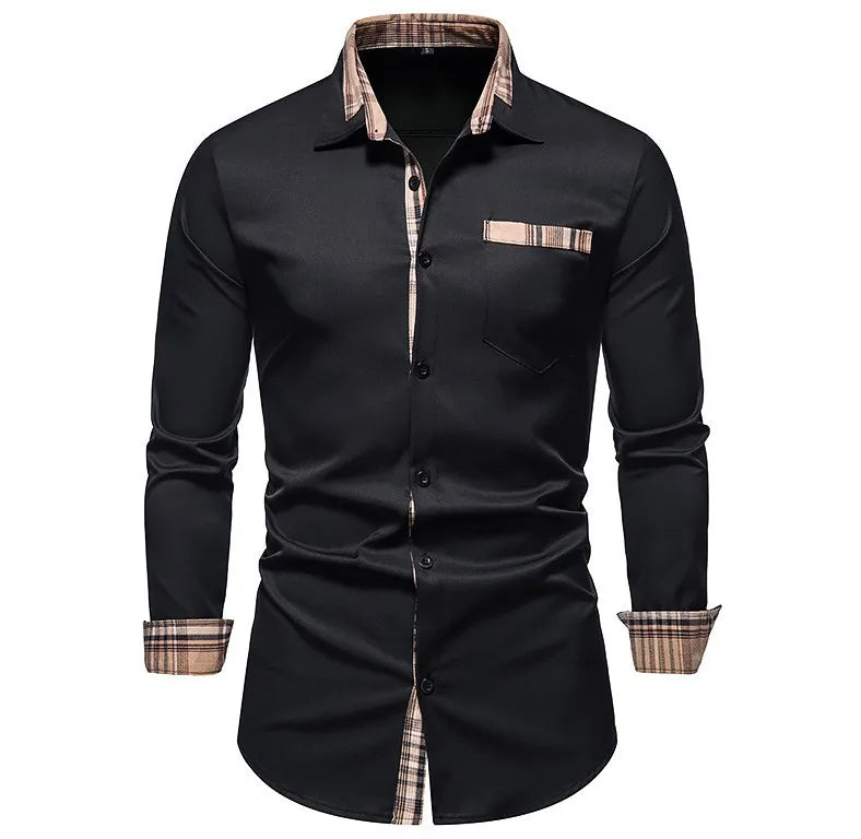 New Men's Casual Long-sleeved Shirt European Size Fashion Casual Slim Plaid Collar Buckle Shirt