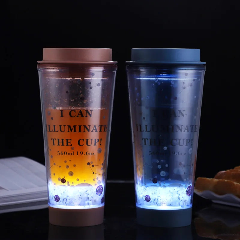 Double Wall Plastic Tumbler Cup with LED Light up Water Tumbler with Straw and Lids Mugs