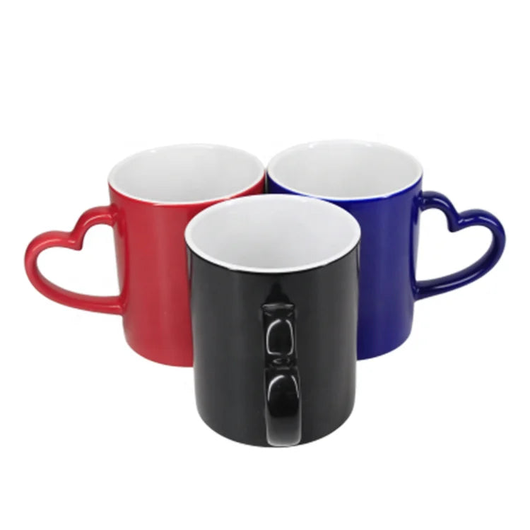 Customizable Sublimation Color Change 350ml Frosted Ceramic Coffee Mugs with Heart Shaped Handle