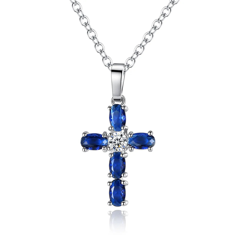 Royalblue Zircon Diamond Necklace with Religious Cross Pendant Fashionable Romantic Strand Chain for Anniversary Jewelry