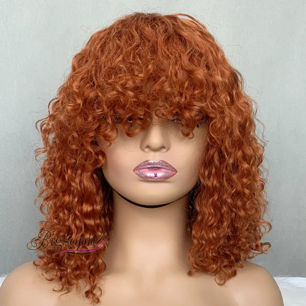 Bigsophy Vietnamese Double Drawn Hair 12A Grade Virgin Human Hair350 Orange Color Luxury Curl Machine Made Bang Bob Wig on Sale