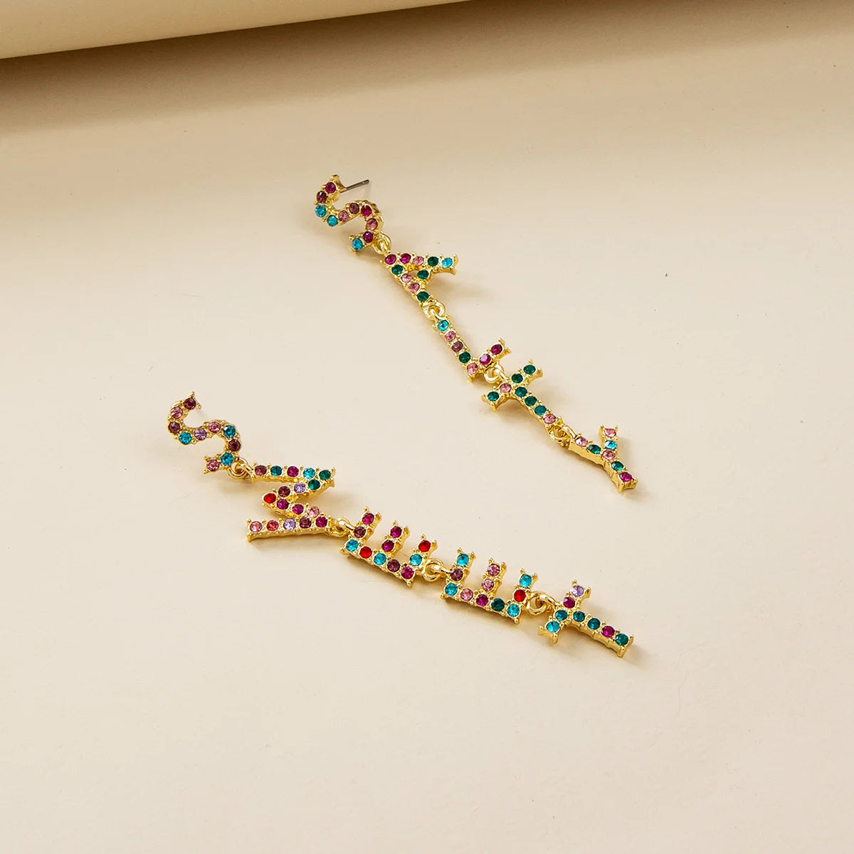 Exaggerated Colorful Crystal Letter Dangle Earrings Asymmetrical Long Rhinestone Alphabet Salty Sweet Pendant Earrings Women