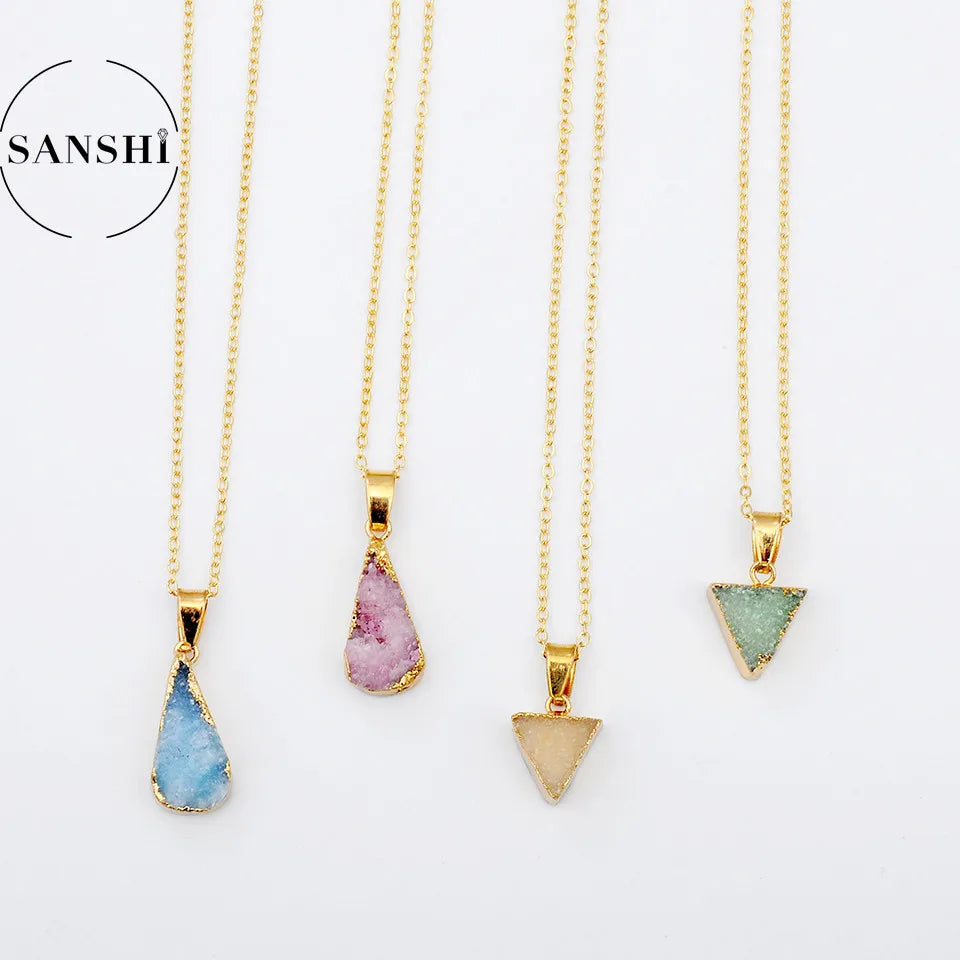 Wholesale Dyed Natural Fancy Druzy Necklace Triangle Water Drop Pendant Druzy Pendants