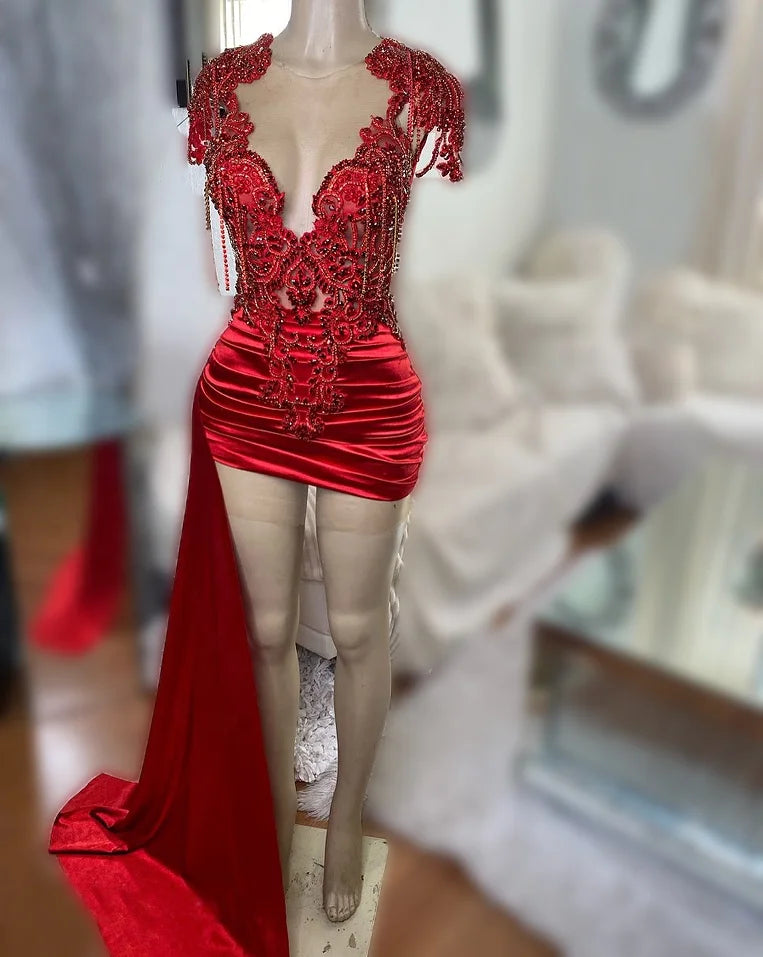 Ocstrade High Quality Rhinestone Bright Red Engagement Evening Woman Dresses Ruffle Long Hem Club Dresses Sexy Women Clothing