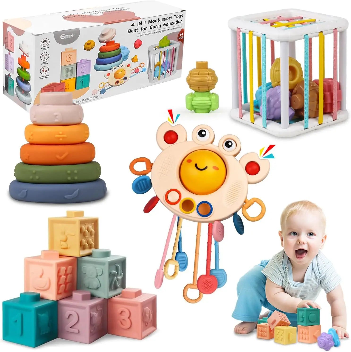 4-in-1 Montessori Toys for Children Aged 6-18 Months Safe Material Can Be Bitten with the Mouth
