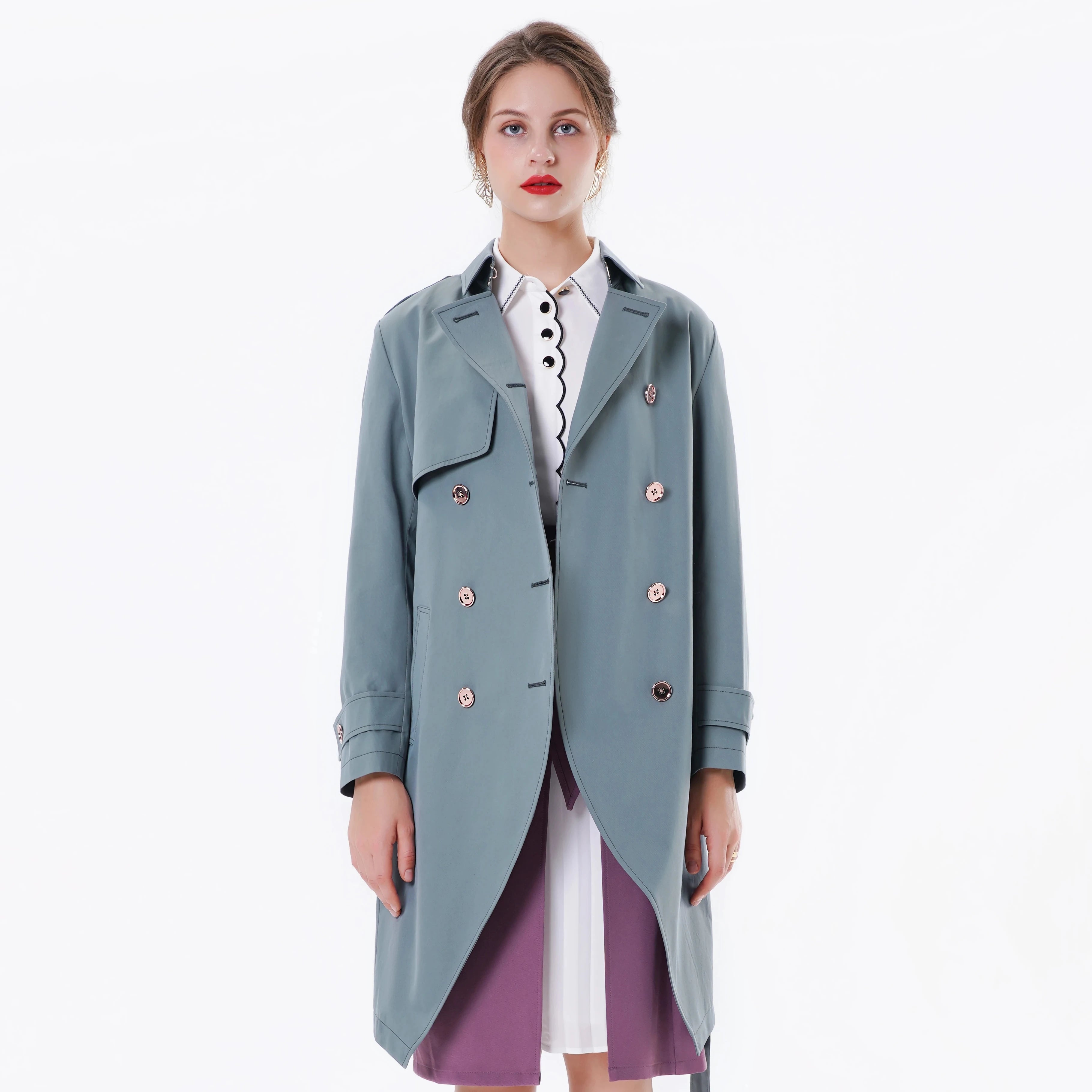 2023 Bosha Custom Design Fashionable Blue Long Women's Trench Coat Double Breasted With Buttons for Autumn