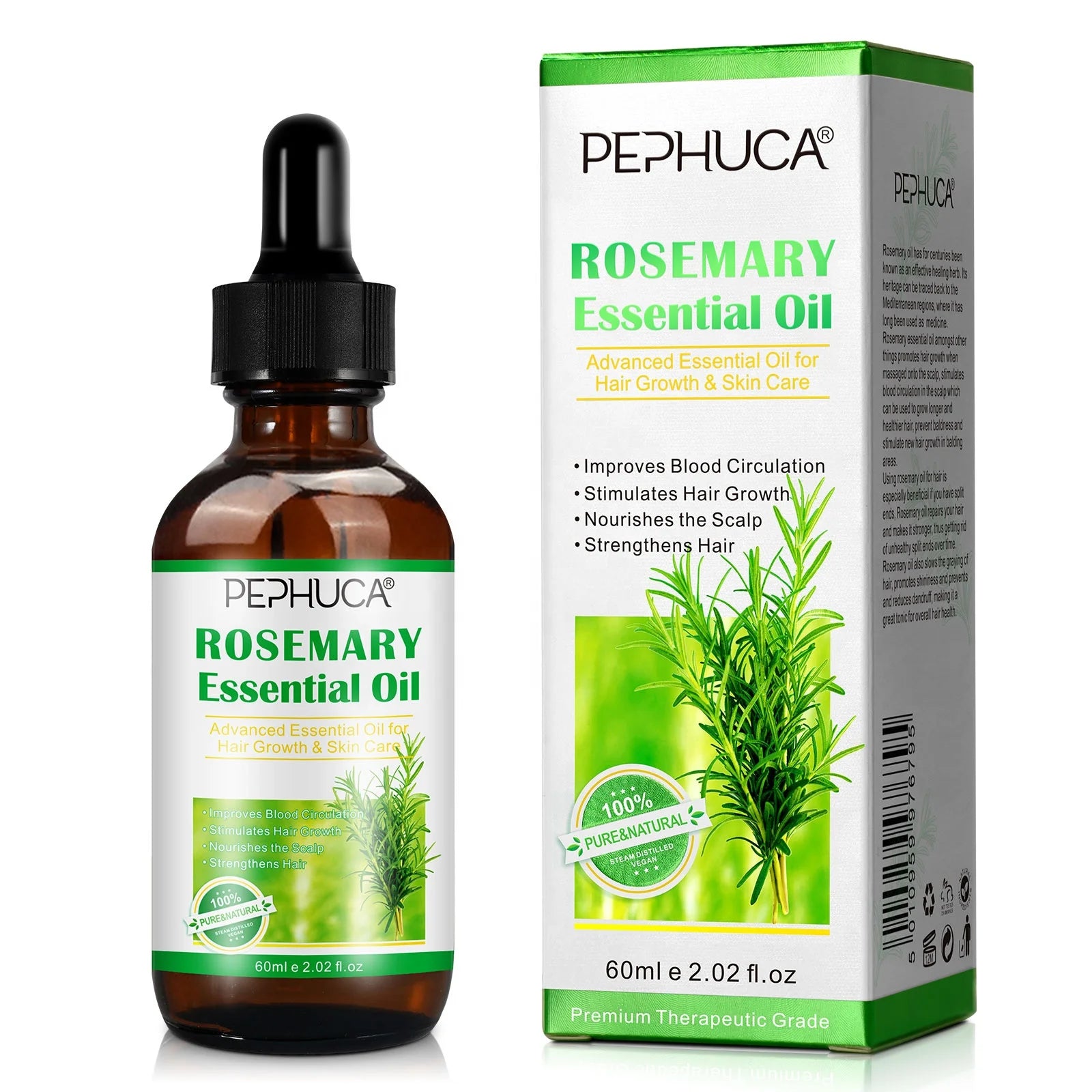 PEPHUCA 100% Pure Cold Press Natural Organic Hair Growth Rosemary Essential Oil 60ml for Hair Loss