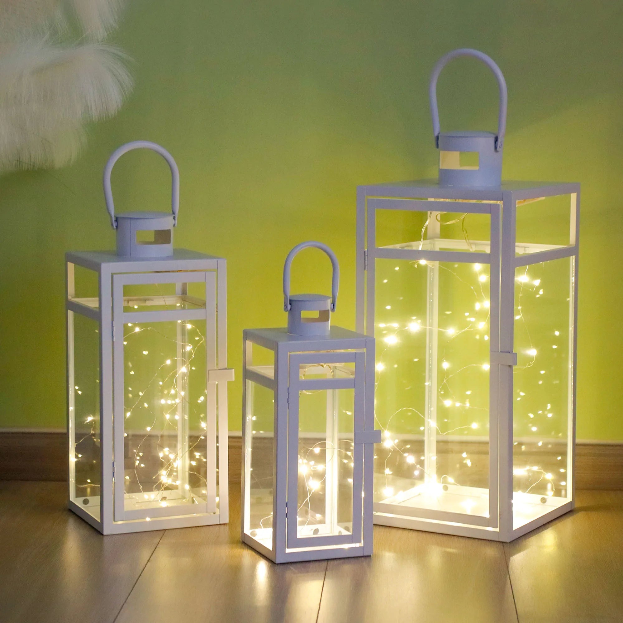 Set of 3 Metal White Candle Lantern Large Iron Wedding Decorative Floor Candle Lantern