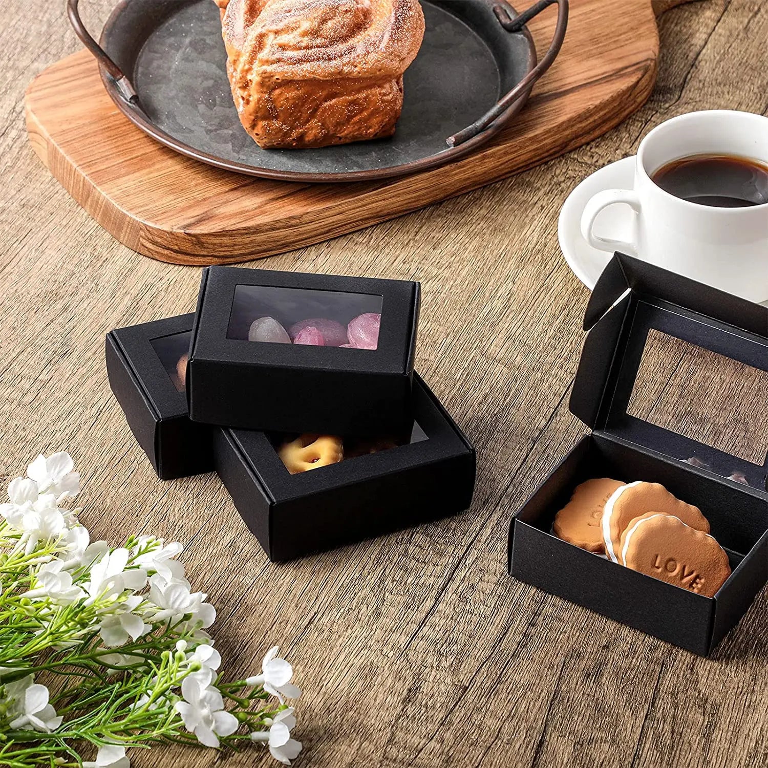 ONE MORE 6"x6"x3"Brown Bakery Boxes with PVC Window for Pie and Cookie Boxes Small Natural Craft Paper Box