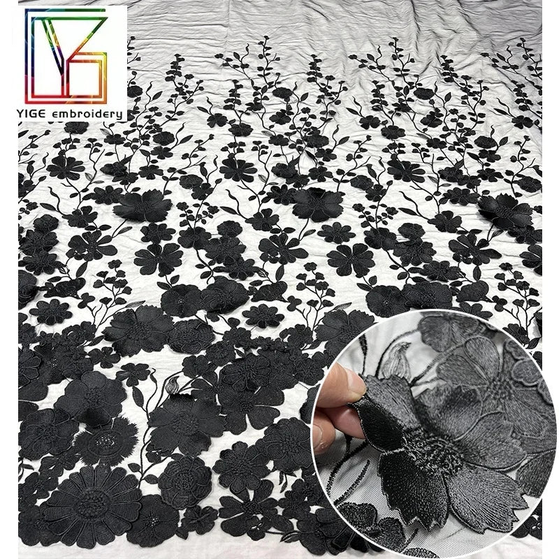 Fashion African Mesh Black Applique Lace Fabric Bridal Dress Polyester Tulle Fabrics 3d Flower Embroidery Lace Fabric