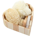 Promotional 5pcs Spa Bath Accessory Set in Wooden Heart Box Includes Loofah Brush/Comb Body Wash Gift Set for Bath Lovers