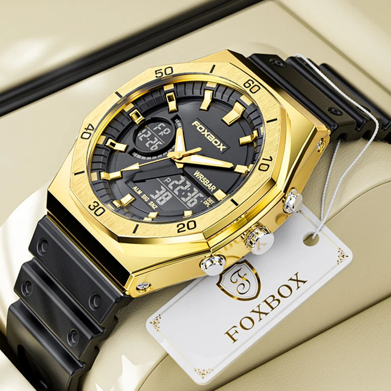 FB0030 Digital Men's Luxury Sport Quartz Wristwatch 5BAR Waterproof Stainless Steel Case Rubber Band Chronograph Stop Watch